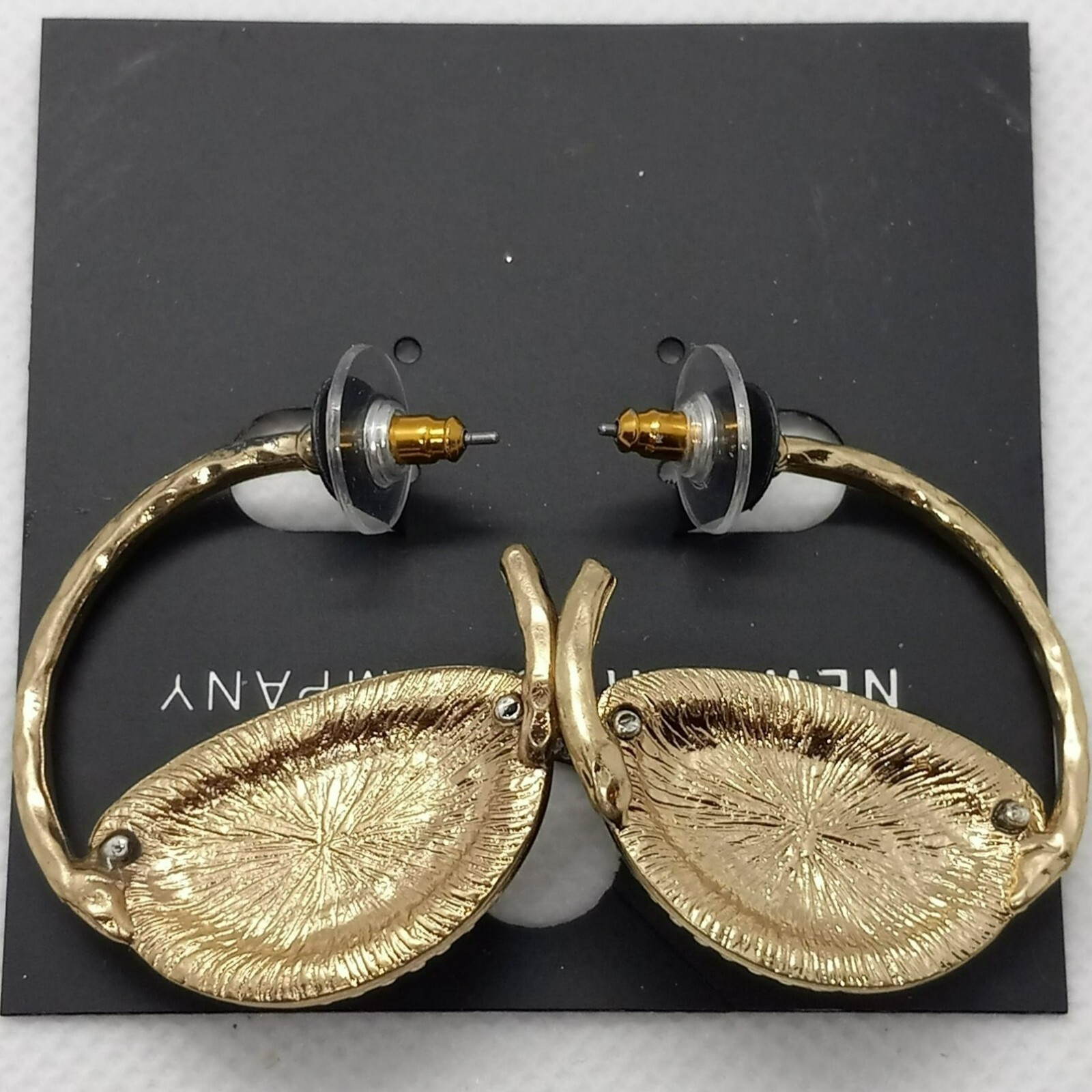 NEW New York and Company Gold Tone, Hammered Rhinestone Bar Accented Post Hoops