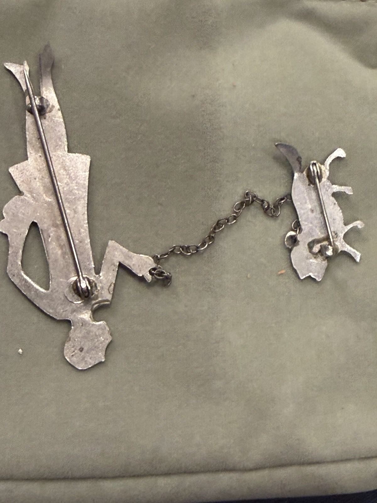 Silver Tone Figural Lady Walking Dog Brooch Pin w/ Chain, Metal