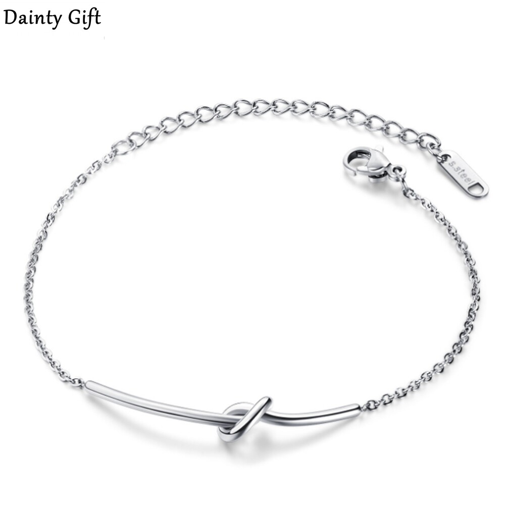 Women Girl Titanium Stainless Steel Love Knot Curve Bar Hand Bracelet 6.5-8.5″
