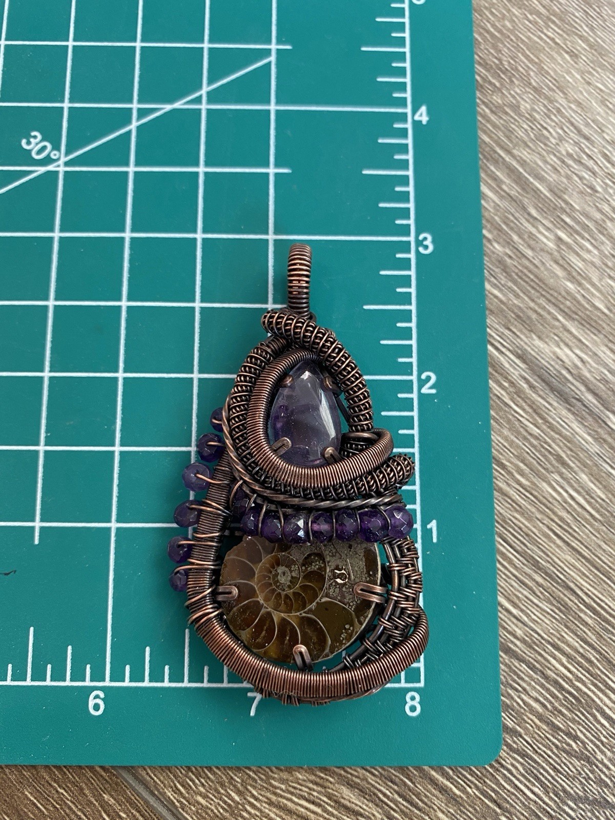 Handcrafted Copper Wire Wrapped Ammonite & Amethyst Bohemian Teardrop Pendant
