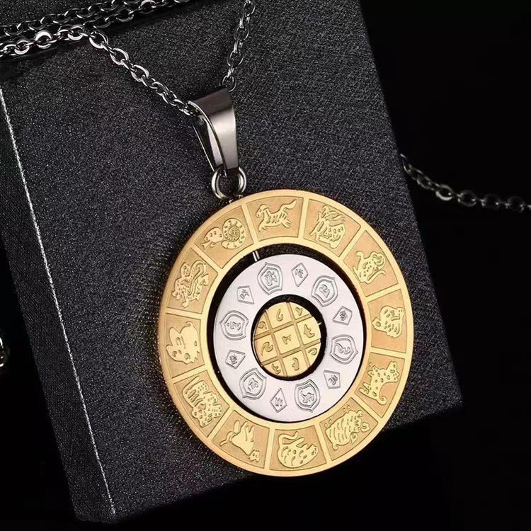 Rotatable Chinese Zodiac Sign Manjushri Pendant Stainless Steel Men’s Necklace