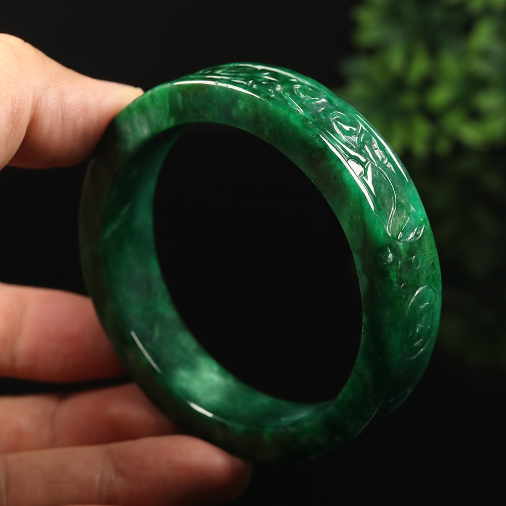 59mm Emerald Green Jadeite Jade Bangle Bracelet Ruyi Coin Burma Jade A-14895