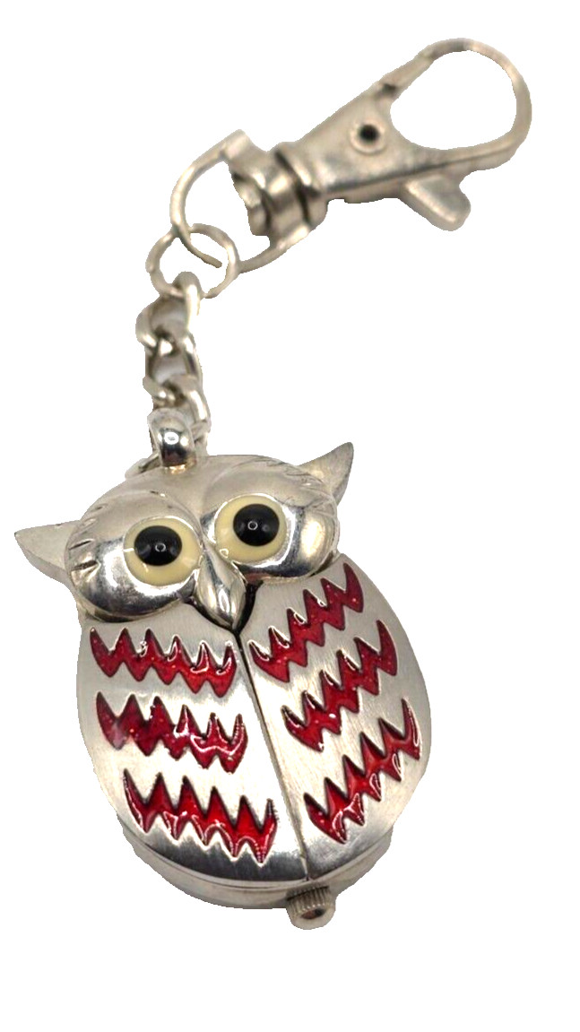 Owl Pin Watch Keychain Clip On Quartz Clock Red Wings Novelty Giftable & Cute