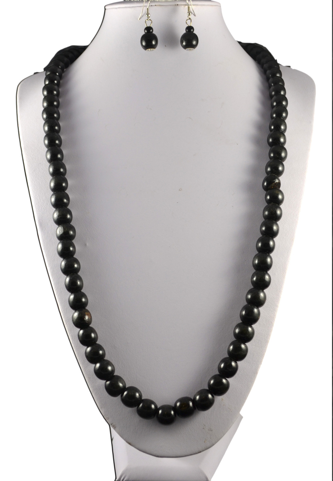 BLACK, BROWN OR NATURAL 32″ LONG WOOD 12mm BEAD NECKLACE AND EARRINGS SET