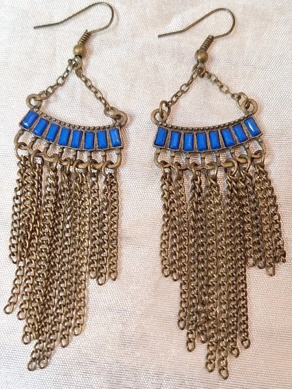 NWOT Boho Drop Dangle Bronzetone Chain Tassel Pierced Earrings Blue Accent 3.5″L