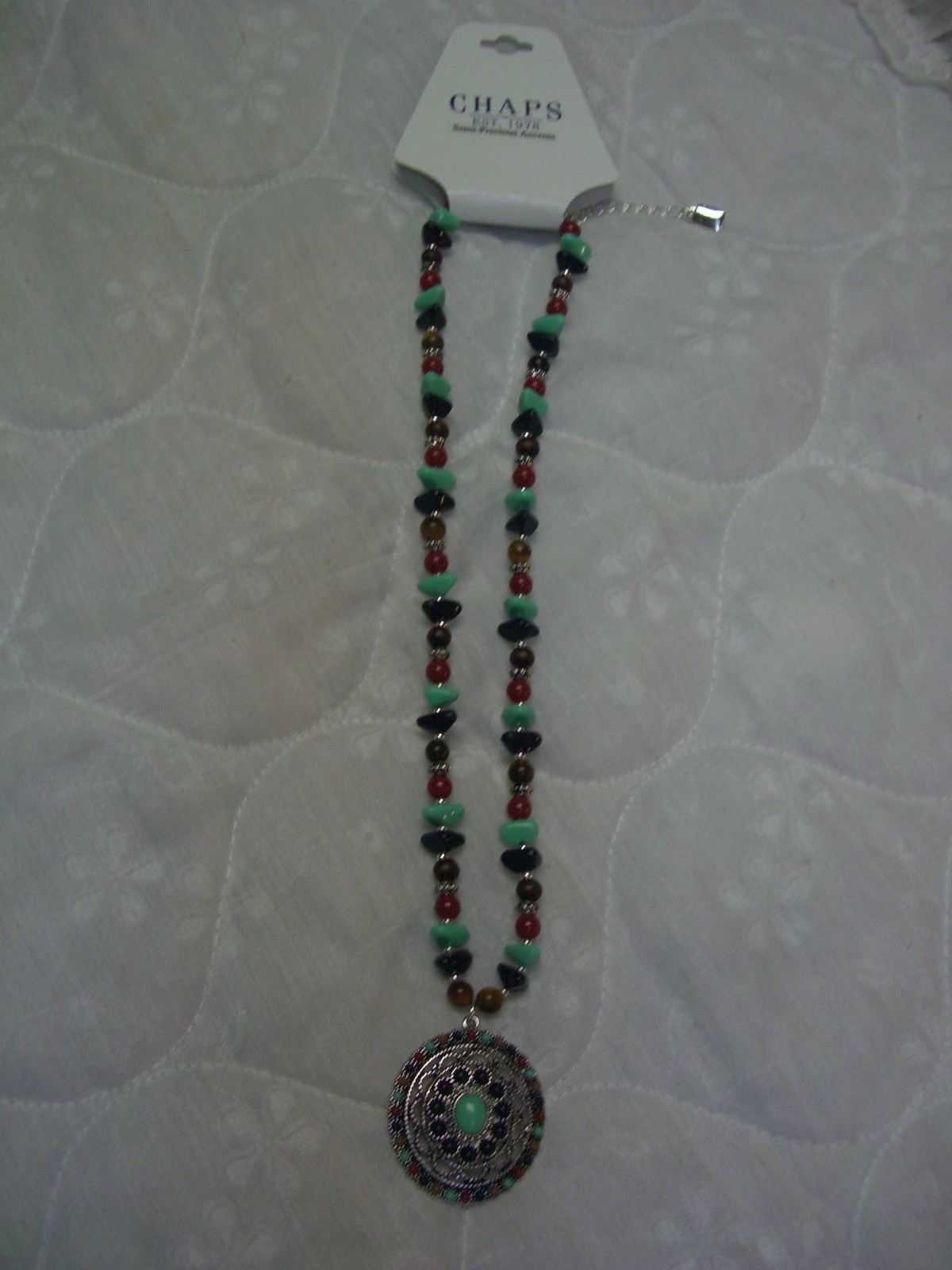 CHAPS Semi-Precious Multi-color Beads Necklace w/Medallion Pendant