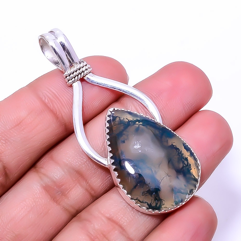 Moss Agate – India Designer Handmade 925 Sterling Silver Pendant 2.15″ P93811631