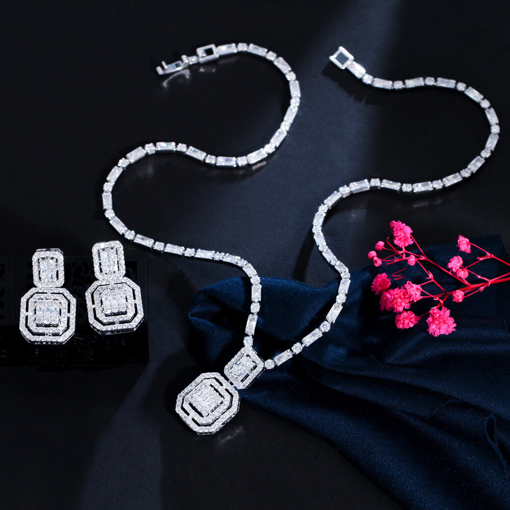 Silver Plated Long Drop Earrings Wedding Necklace Cubic Zirconia CZ Jewelry Set