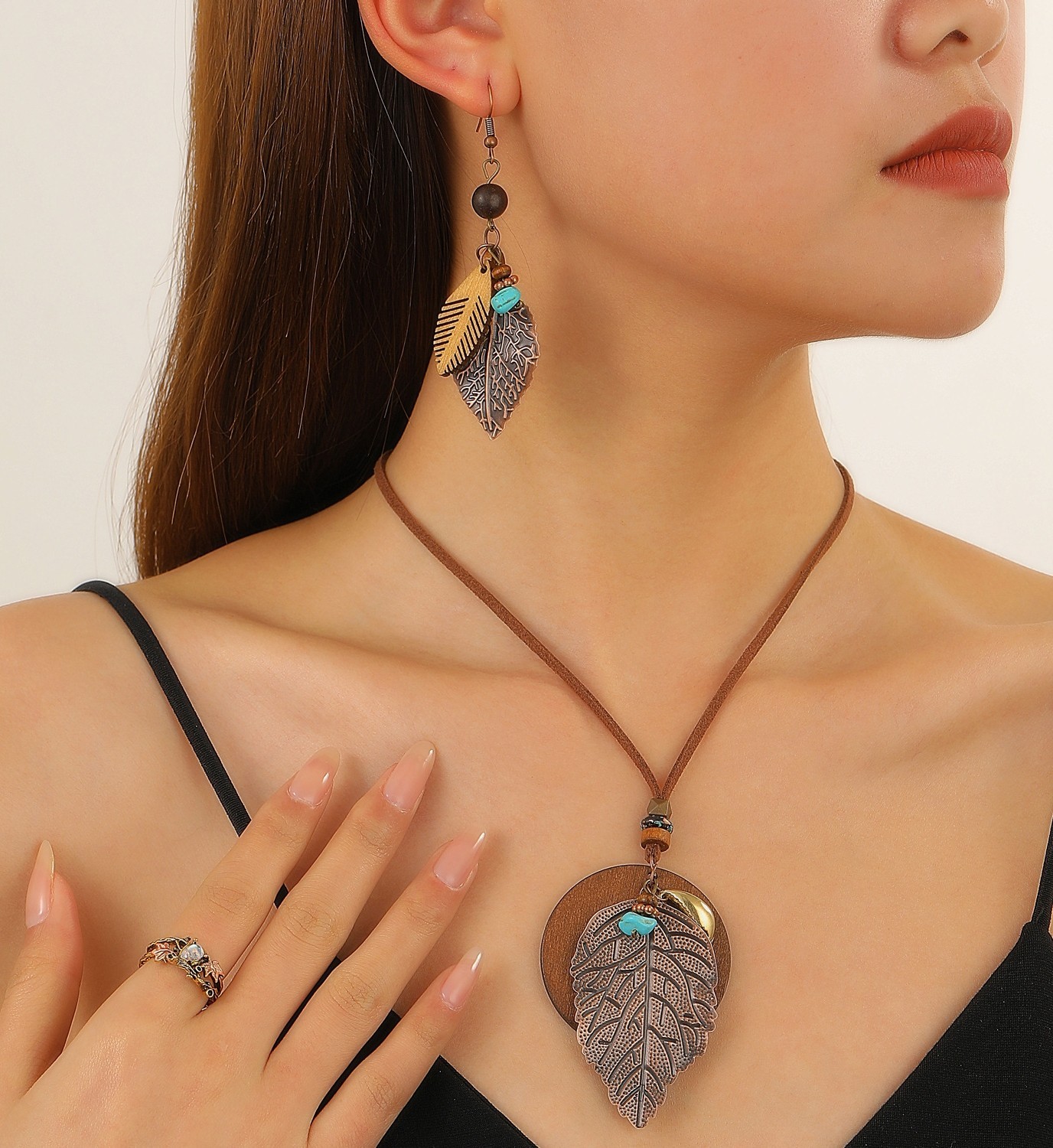 Boho 3D Leaf Alloy & Wood Multi Material Combination Cord Necklace + Earring Set