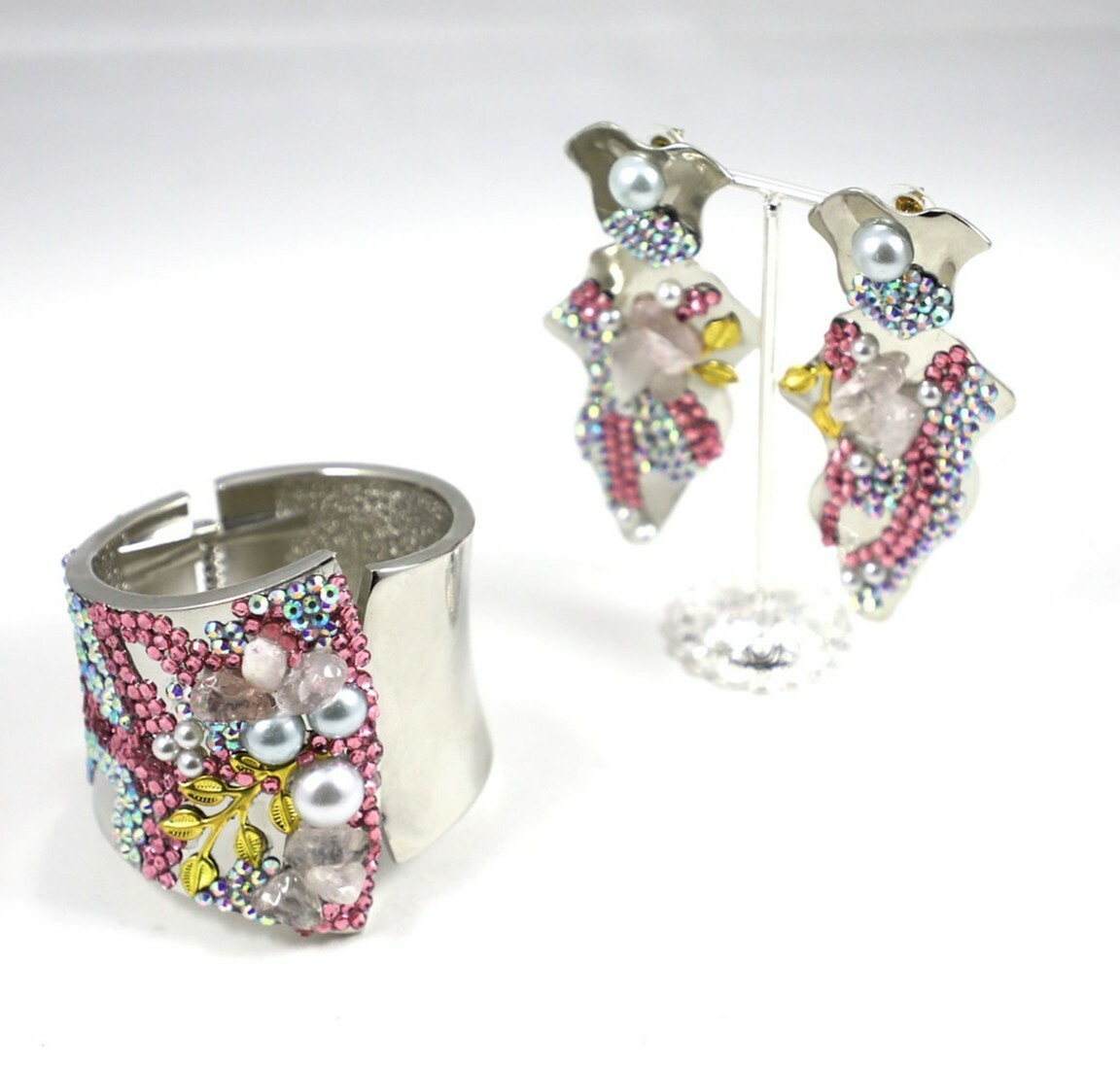 SET – Bangle and Earrings – Pearls Rhinestones Pink Quartz, Designer Pieces.