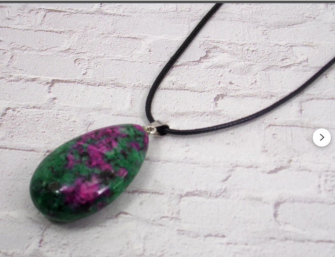 Natural ruby in zoisite teardrop stone pendant necklace on black cord New