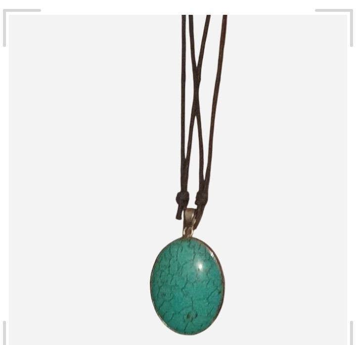 Turquoise Oval Bezel-Set Pendant Necklace, Silver Charm on Black Cord