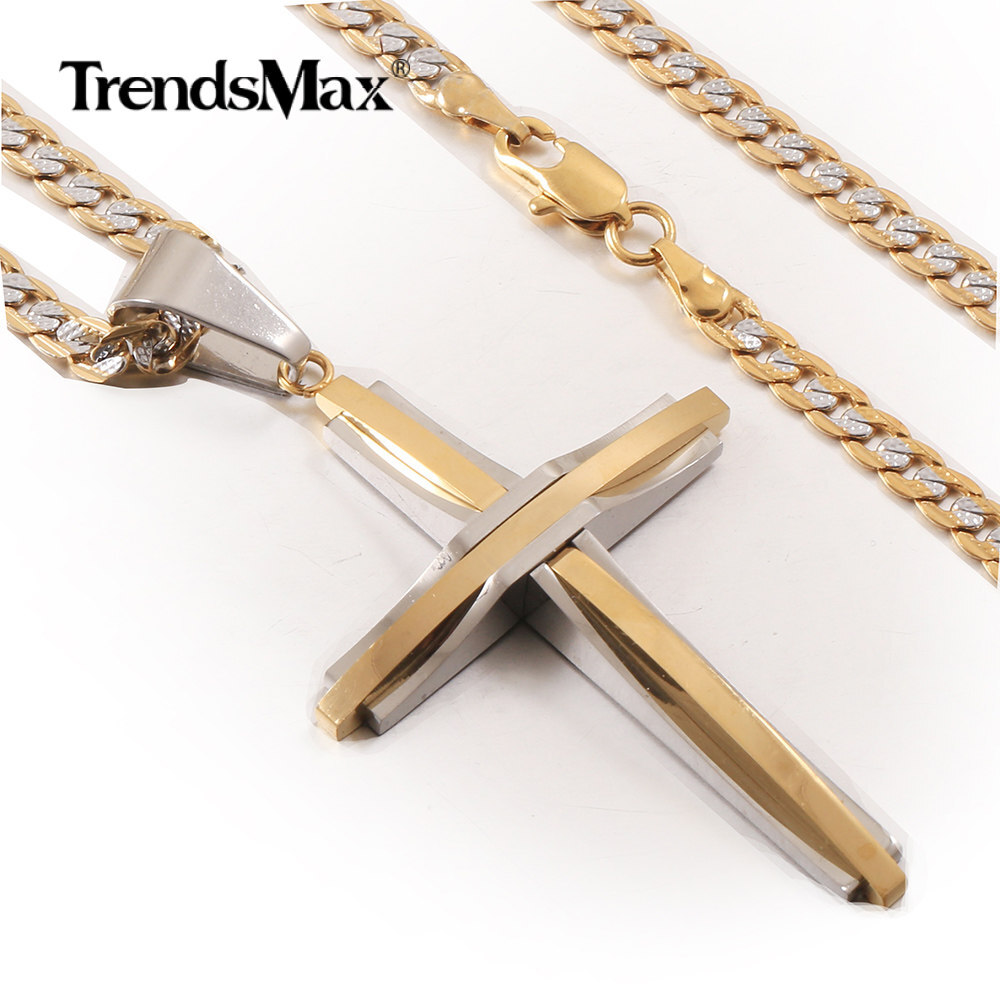 Silver/Gold Plated Cross Pendant Necklace Mixed Stainless Steel Curb Link 18-30″