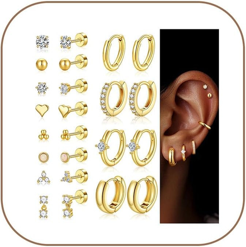 12 Pairs Hypoallergenic 14K Gold Plated Hoop Earrings for Women | Dainty Huggie