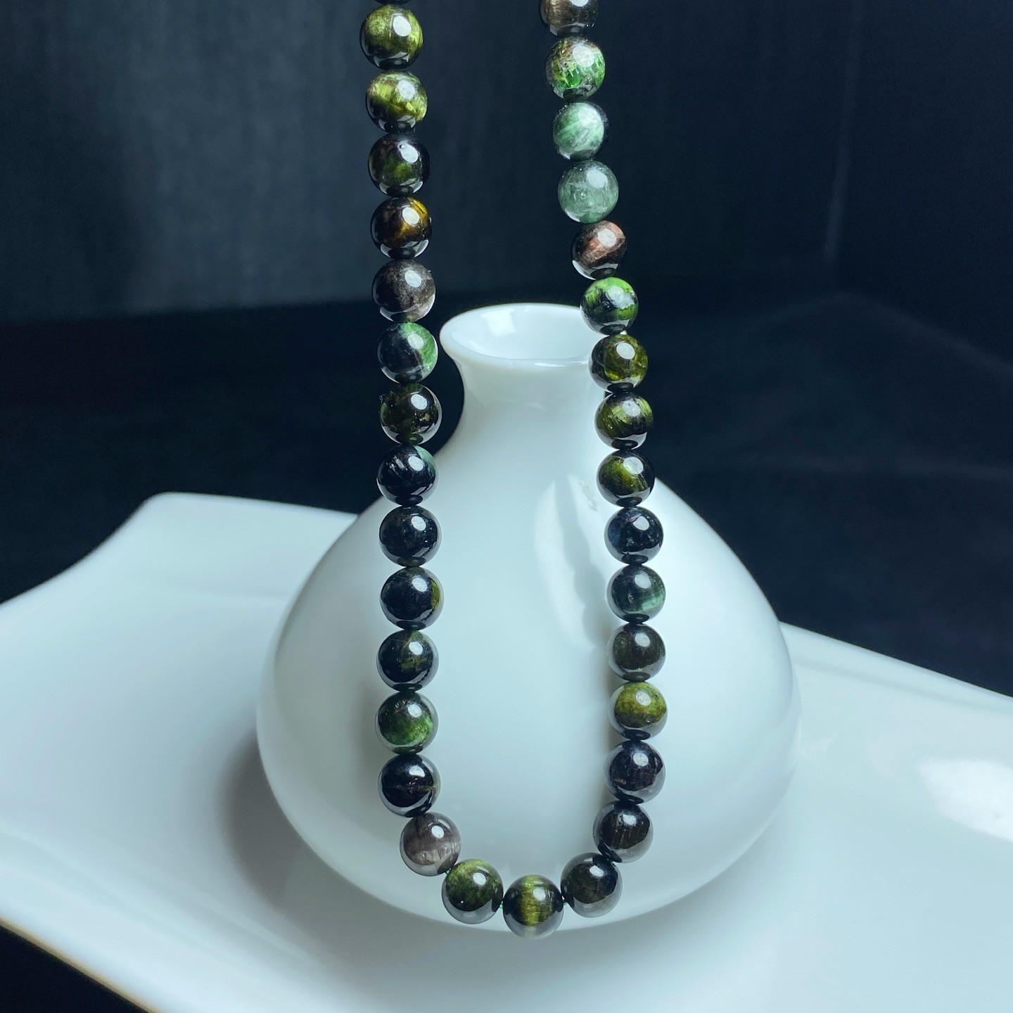 6.8mm Natural Green Tourmaline Cat’s Eye Crystal Quartz Beads Bracelet AAAA