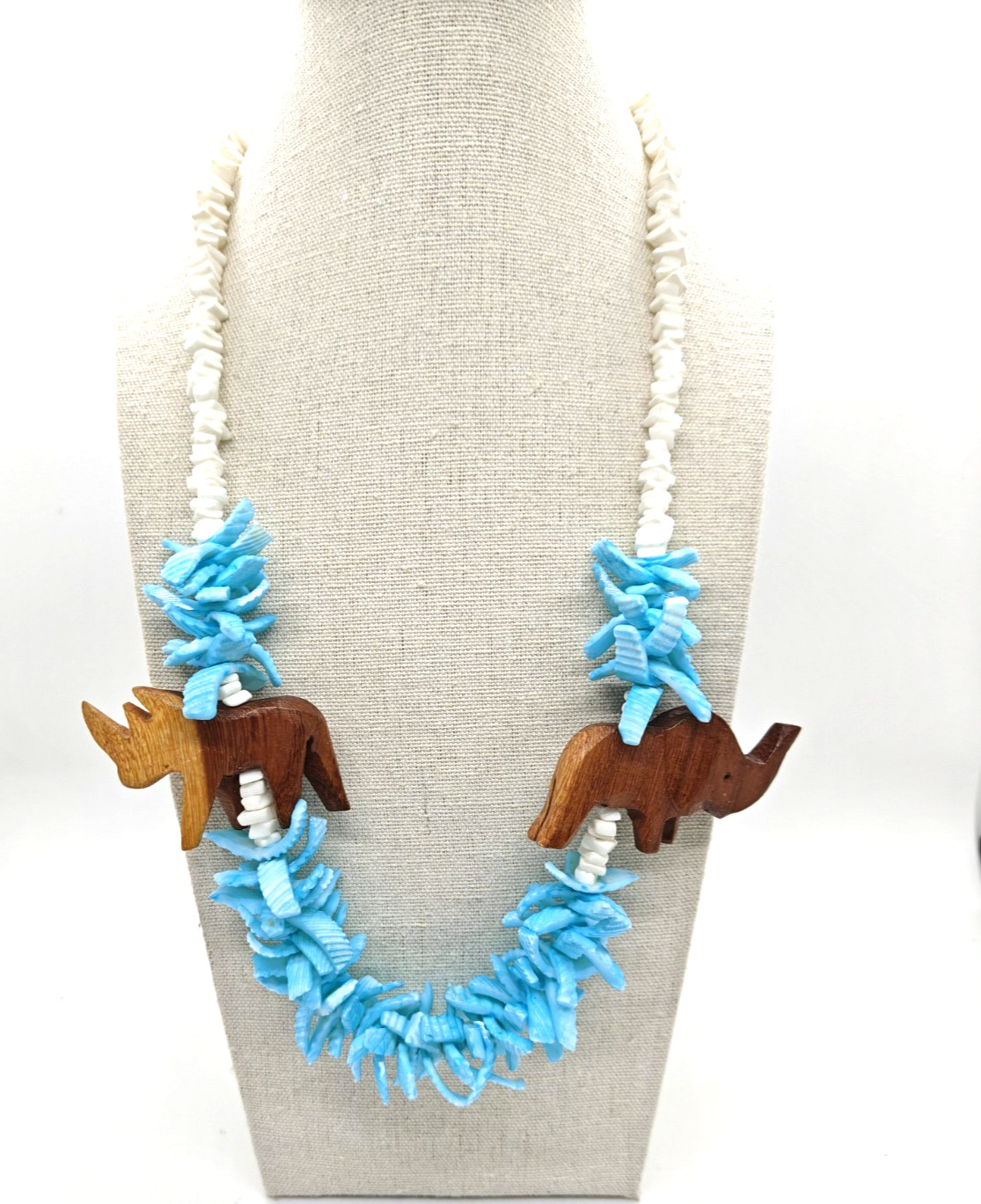 Shell Necklace Wooden Carved Animals Elephant Rino Blue White Handmade Chunky