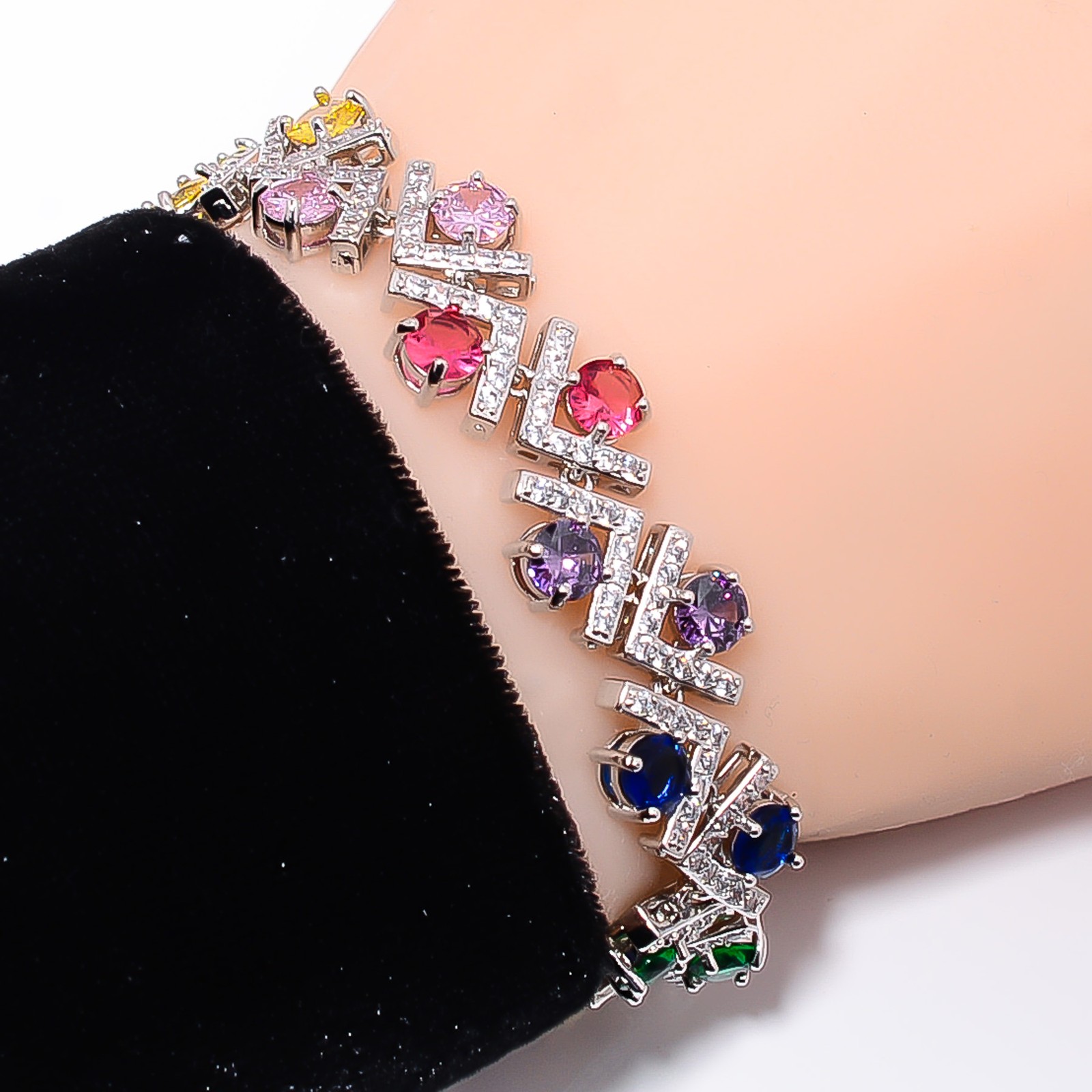 Multi Sapphire -Simulated, CZ 925 Sterling Silver Adjustable Bracelet 7-8″ B426