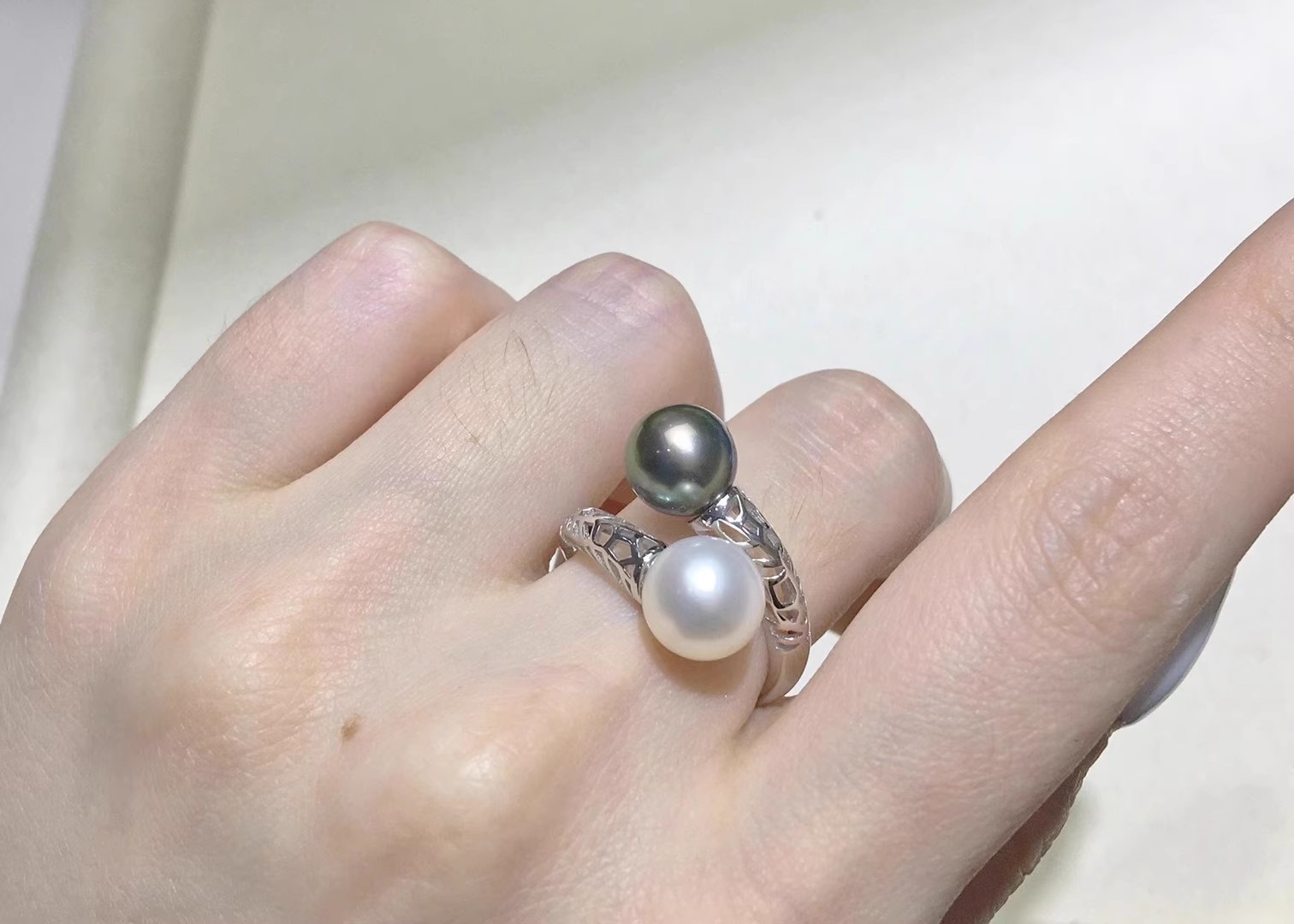 Natural Pearl AAAA8-9mm South Sea Double Pearl Hollow Adjustment Ring 925s