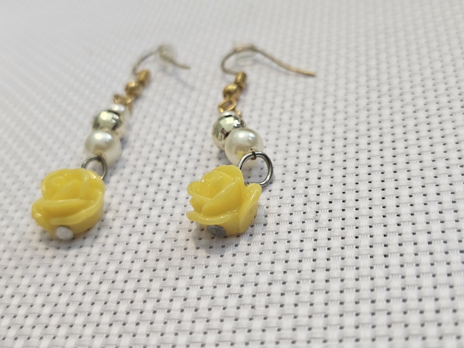 Handmade Yellow Rose Dangle Earrings Gold Tone Faux Pearl Floral Jewelry One of