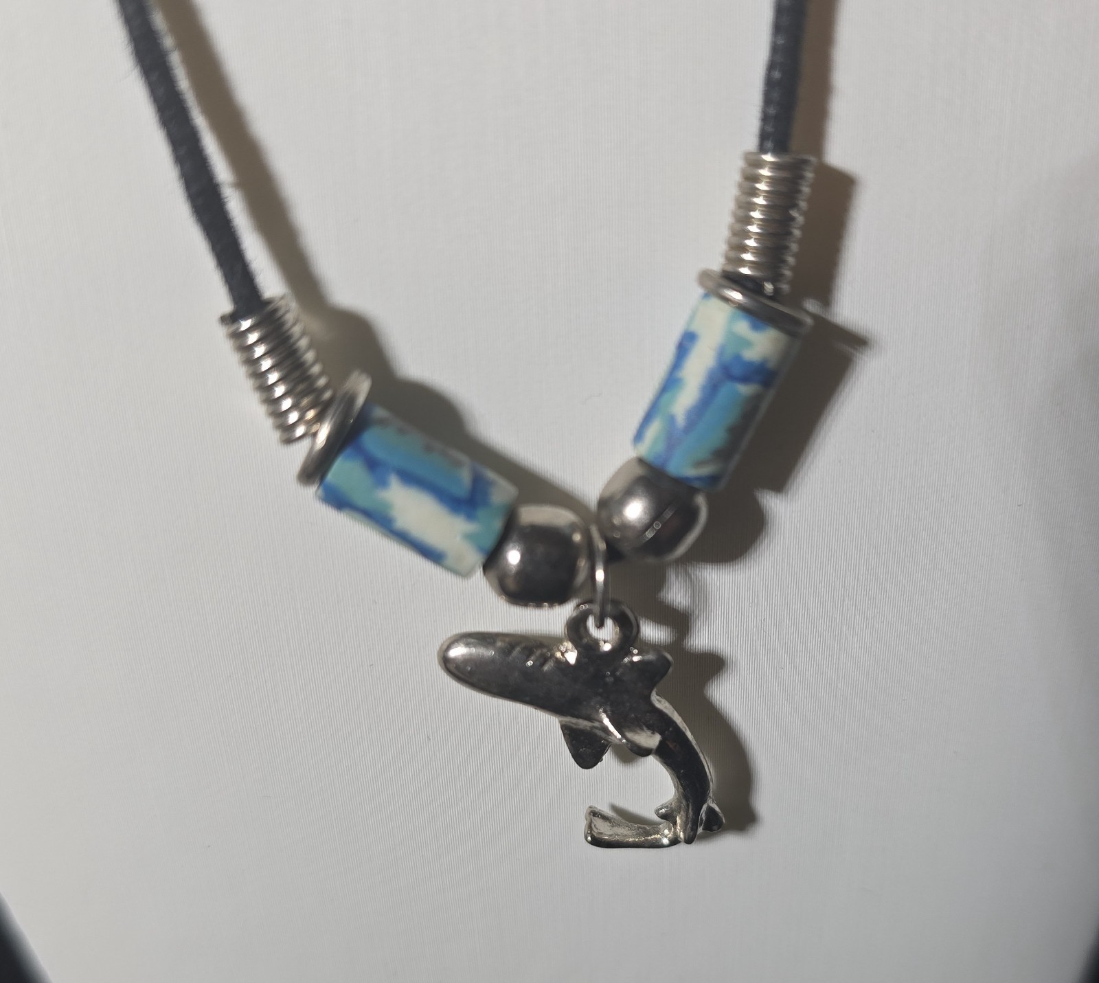 Dolphin Pendant with Silver & Multi-color Beads on Black Cord Necklace 18″