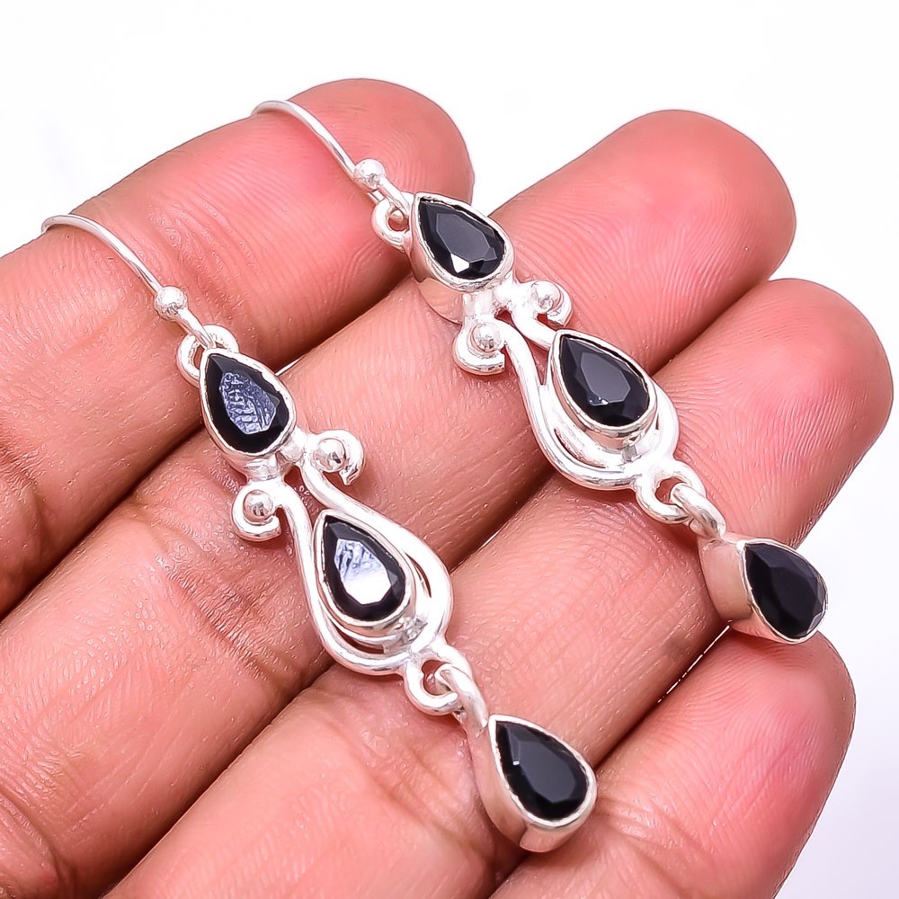 Black Onyx Multi Collet 925 Sterling Silver Earring 2.11″ E5, Christmas Gift