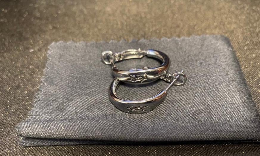 YSL Saint Laurent Silver Plated Stamped Small Logo Hoop Stud Earrings .75 inch