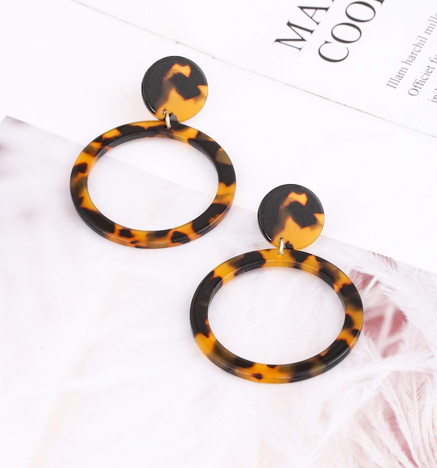 Acrylic Circle Drop Dangle Earrings Tortoise Shell Hoop Mottled