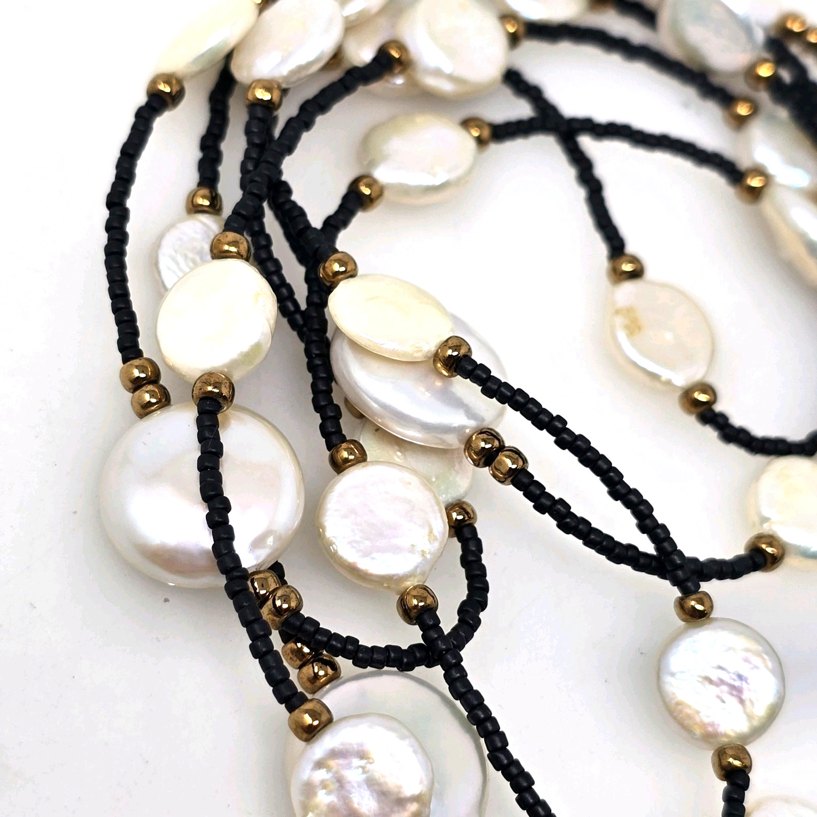 Long Baroque Coin Pearl Black Spinel Station Beaded Necklace 48″ Lariat