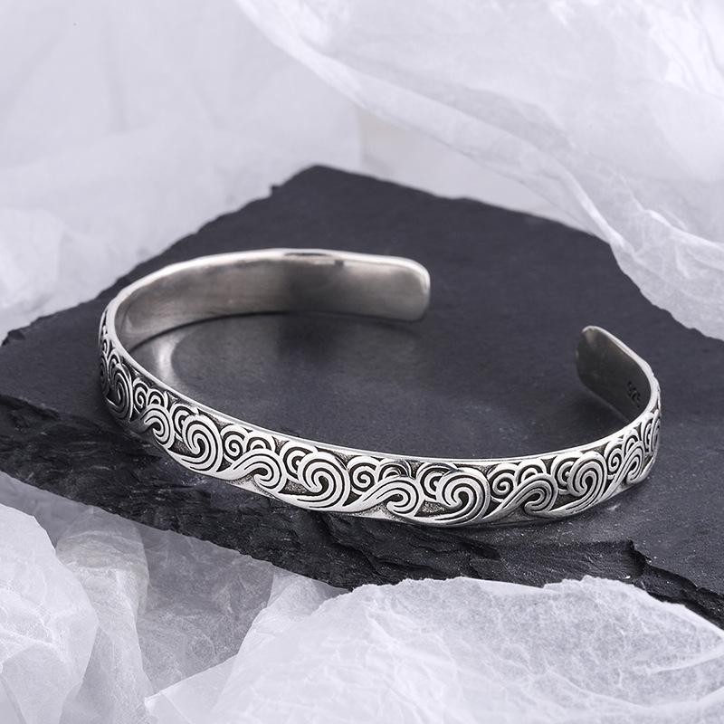 925 Sterling Silver Retro Wave Bangle Bracelet Fashion Open Cuff Jewelry Gift