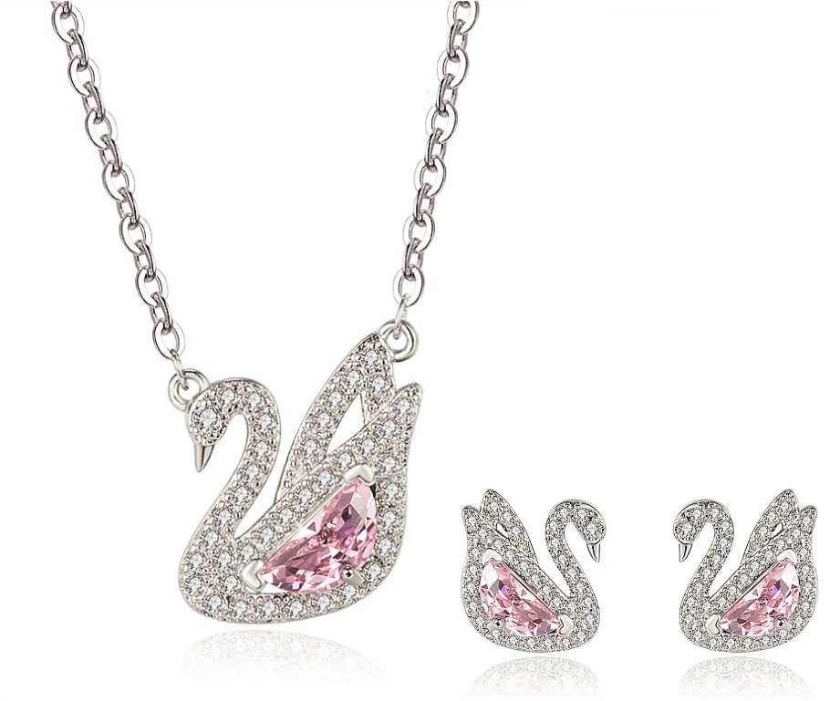 Women 925 Sterling Silver Pink CZ swan pendant necklace Stud Earrings gift E21