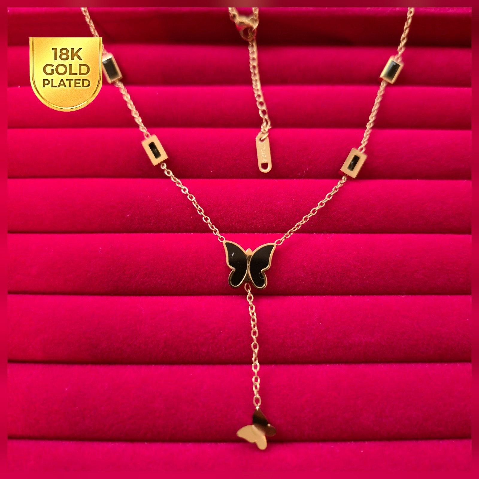 18K Gold Plated Black Butterfly Pendant Necklace – Women Jewelry B003