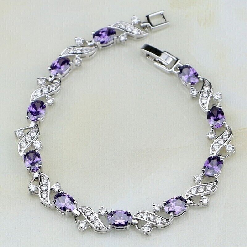 12Ct Oval Cut Simulated Amethyst Womens Fancy Bracelet 14K White Gold Finish