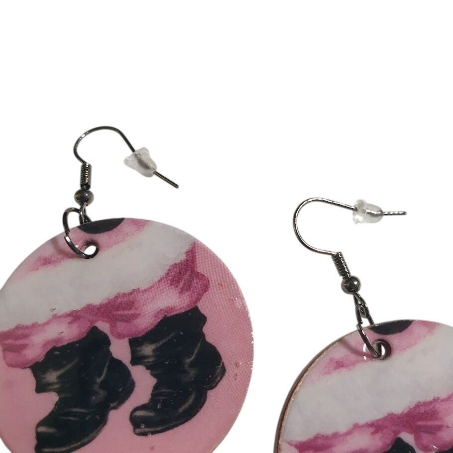Santa Boots Pink Wooden Earrings Fun Lightweight Durable Handmade Holiday Gift