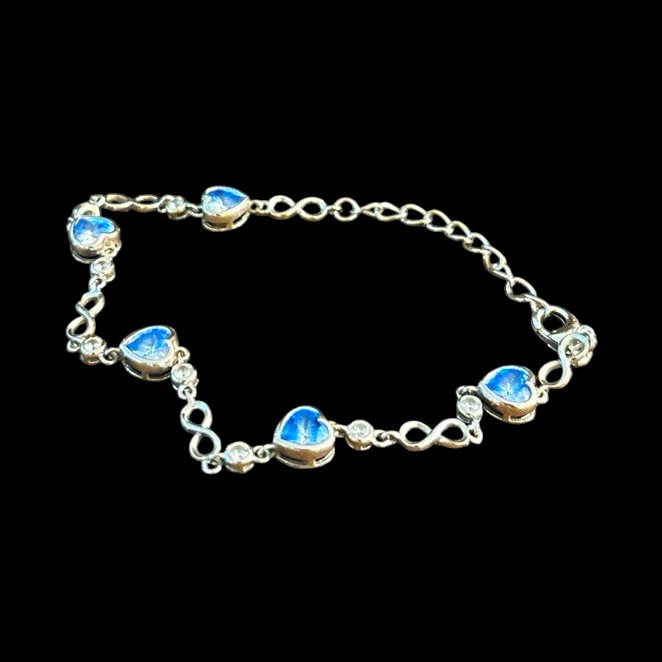 Silver Cable Chain Anklet w/ Lobster Clasp, Blue Heart Charms, 8