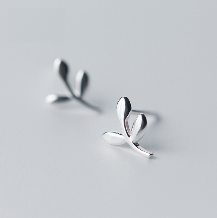 925 Sterling Silver Love Polish Tiny Olive Leaf Branch Stud Earrings Gift S4