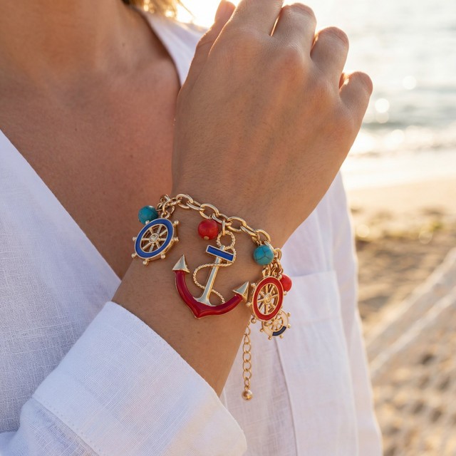 Nautical Charm Bracelet Anchor Ship Wheel Gold Tone 7.0 in Beach Summer Jewelry