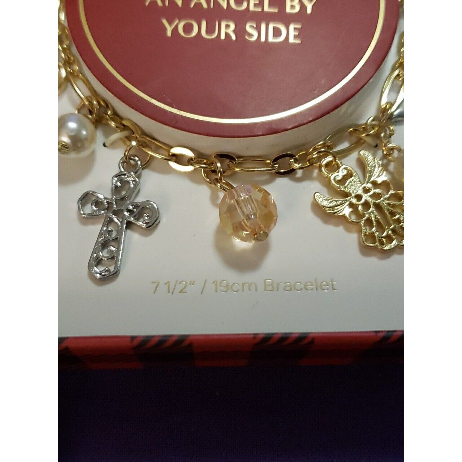 Gold Tone Charm Bracelet With Angels Crosses Faux Pearls & Pale Peach Beads, New