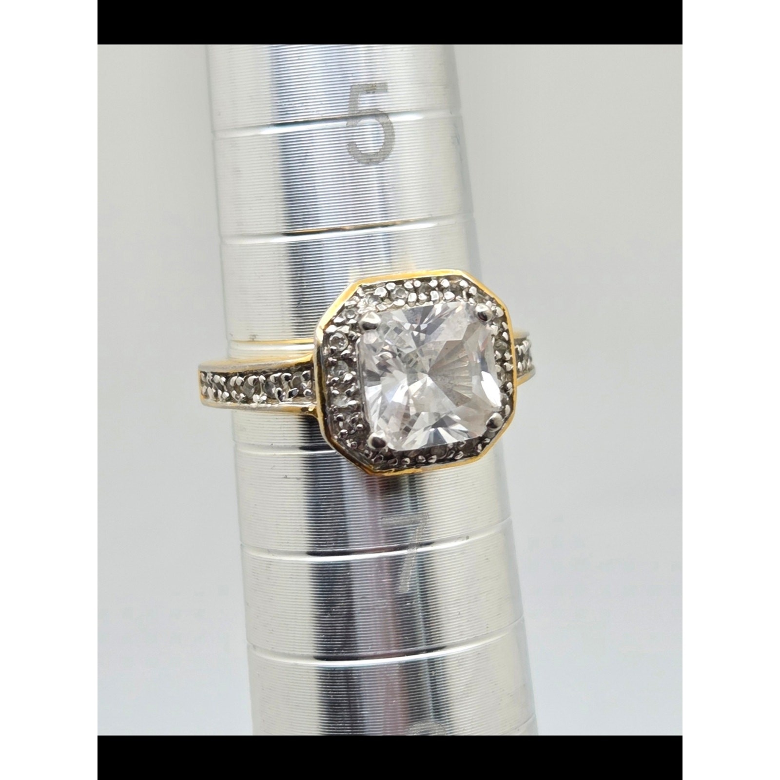 American Diamond Two-Tone Cushion Cut CZ Halo Ring – 6