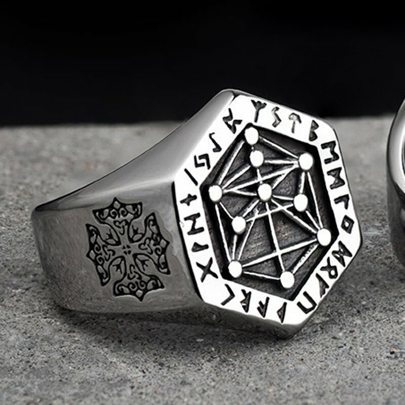 MENDEL Mens Nordic Viking Kabbalah Tree of Life Vegvisir Rune Ring Men Size 7-15