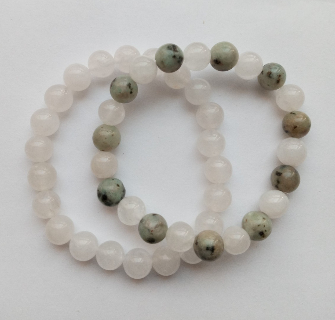NEW, BUY ANY 2 GET 3RD FREE, TWO BRACELET SET SNOW QUARTZ & SESAME JASPER/QUARTZ