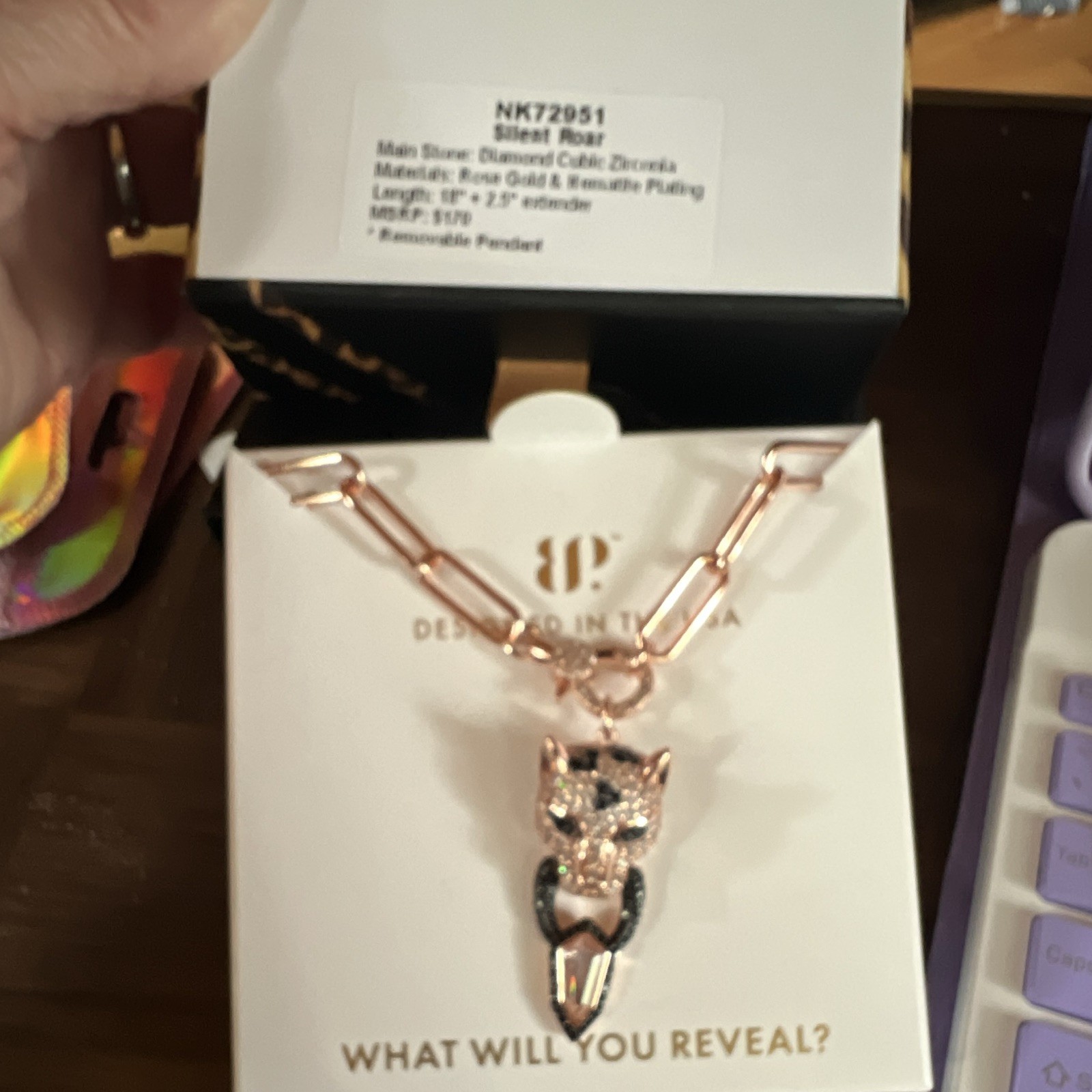 Rose Gold Plated Bar Link Necklace w/ Clear Pavé CZ Cat Charm 18″ NK72951