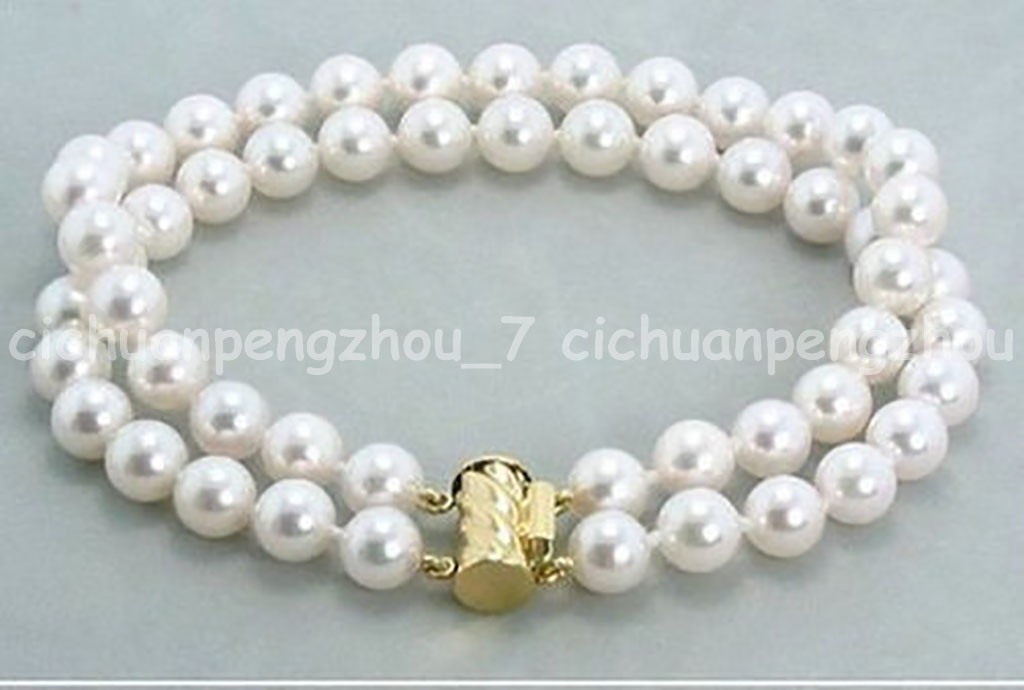 2 Rows 9-10mm Genuine South Sea White Pearl Bracelet 7.5” 14K Gold Clasp