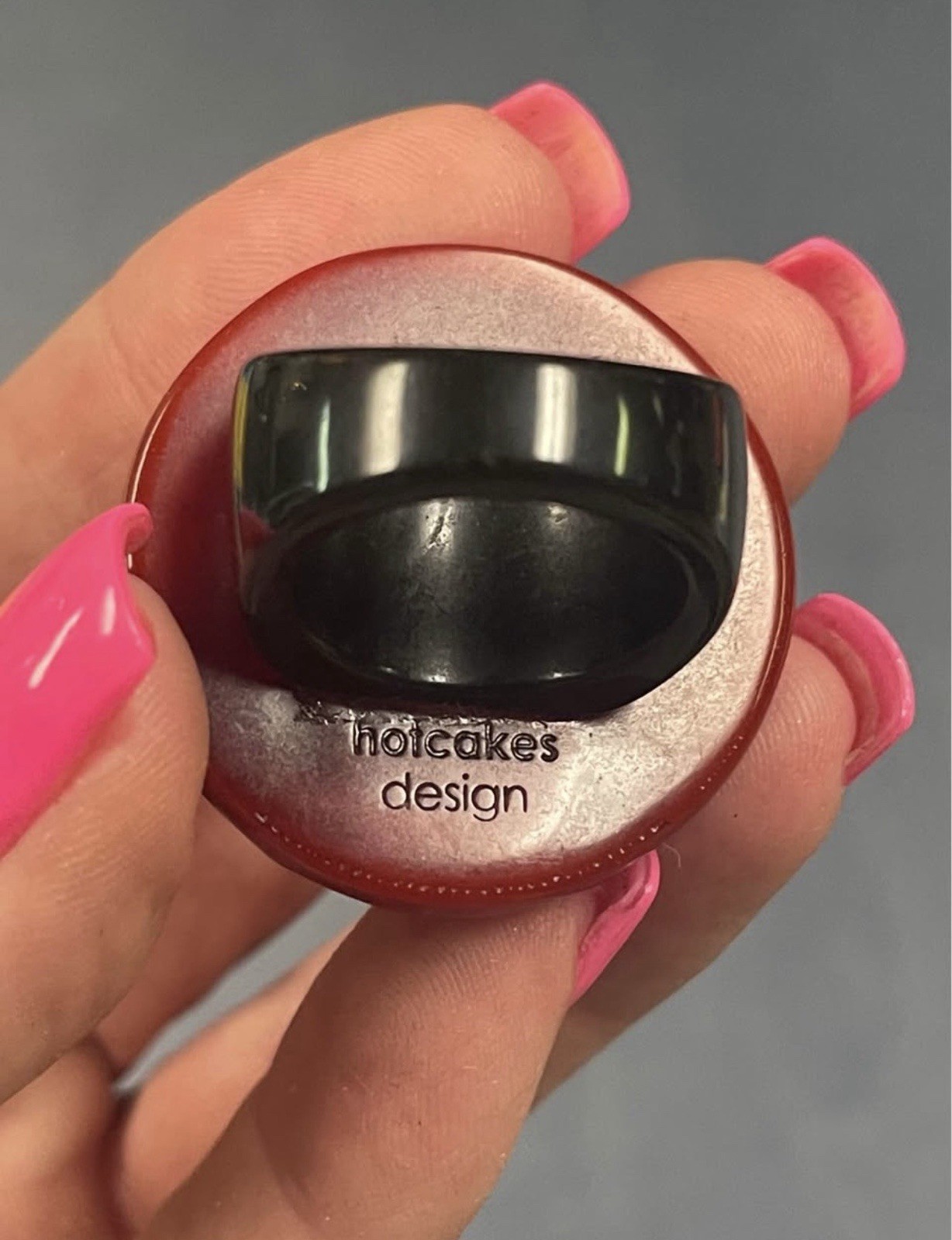 Hotcakes Design Signed Red Carved Floral Dome Cocktail Ring Resin Plastic Sz 7