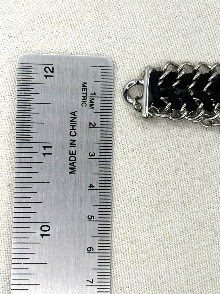 You And I Black Suede Silver Tone Weaved Chainmail Bracelet 9 Inch