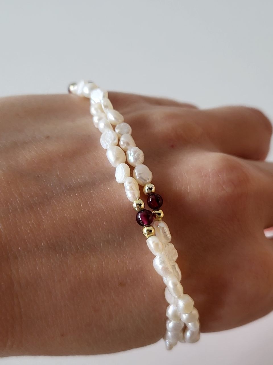 Pearl and Garnet Bead Double Strand Bracelet 8 in
