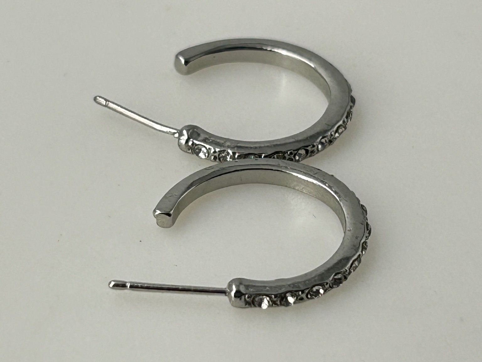 Silver Tone Rhinestone Pave Small Open Hoop Stud Earrings