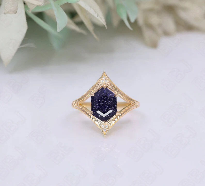 Hexagon Sandstone Engagement Ring Wedding Ring For Womens Anniversary Gift