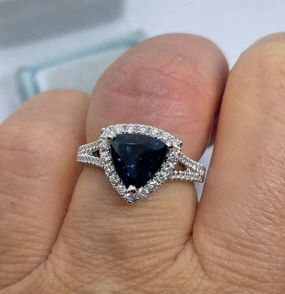 2Ct Trillion Cut Simulated Blue Sapphire Engagement Ring 14K White Gold Plated
