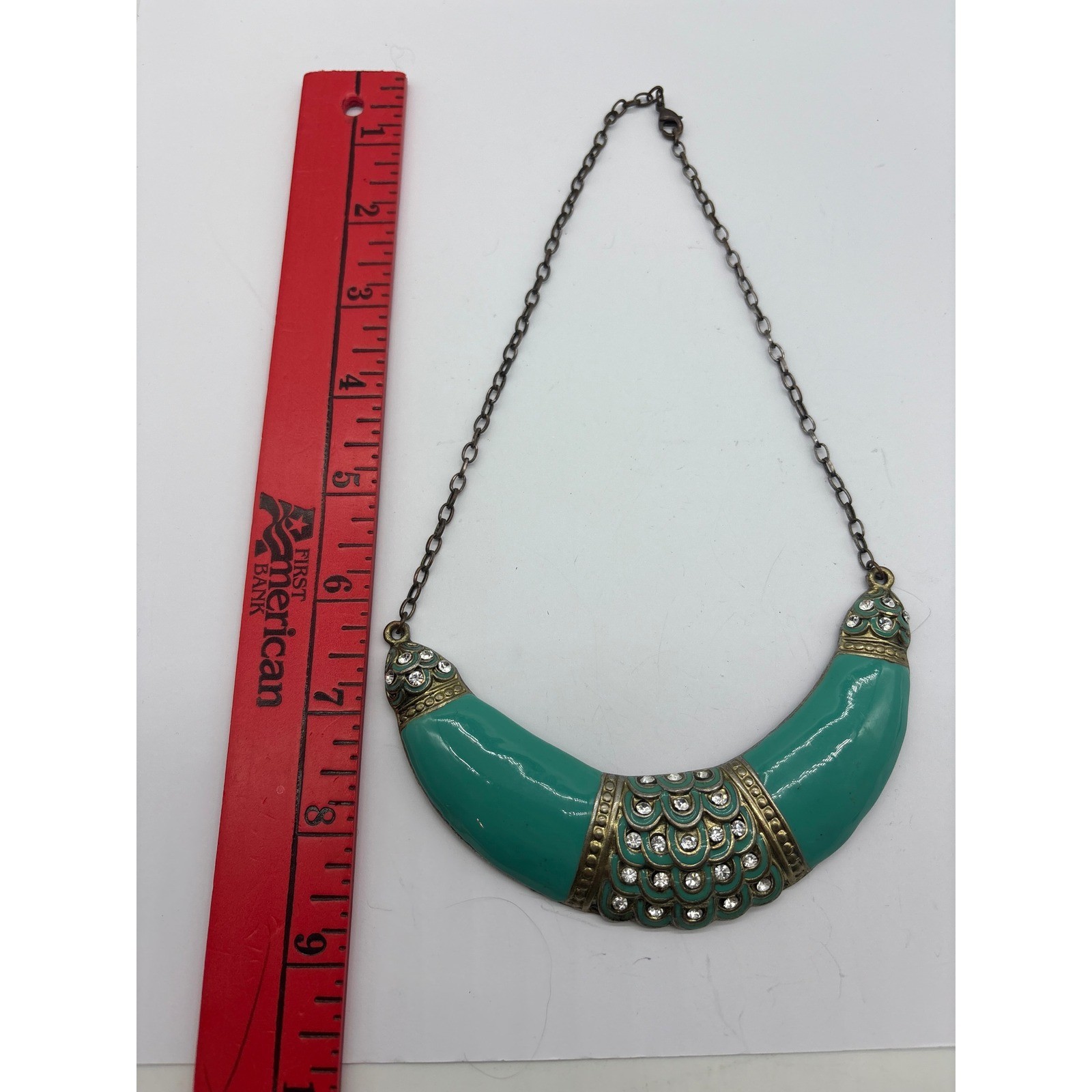 Teal Green Enamel Bib Statement Necklace Gold Tone Rhinestone Goddess Style J96
