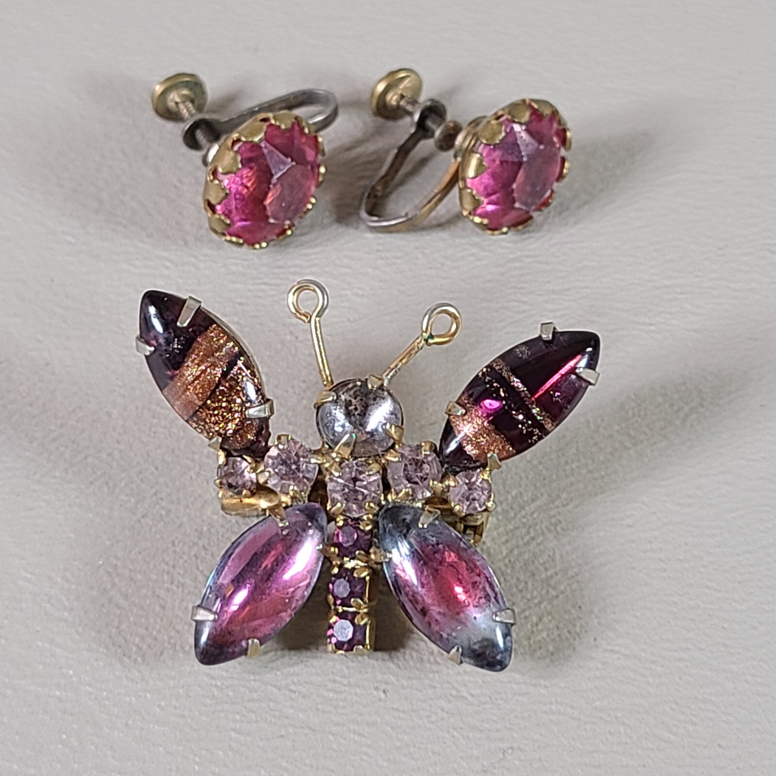 Rhinestone Butterfly Brooch And Screw Back Earrings Red Navette Gold Tone